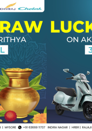 This Akshaya Tritiya, ride into prosperity with Khivraj Chetak! Buy a Chetak electric scooter between April 24–29, 2025, and enter our Lucky Draw to win up to 4 grams of gold. Visit showrooms in Indira Nagar, Mysore & more. Call +91 63669 11737 to book now!