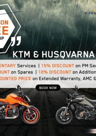 KTM and Husqvarna motorcycles with monsoon service campaign offers showing free check-up and discount details