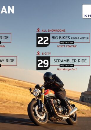 Discover Khivraj Triumph's June 2025 ride calendar featuring Mandharagiri Hills welcome ride, Father's Day celebration, big bikes meetup at Hyatt Centric & Hutridurga Fort adventure. Exclusive events for Speed Triple, Tiger, Bonneville & Scrambler owners
