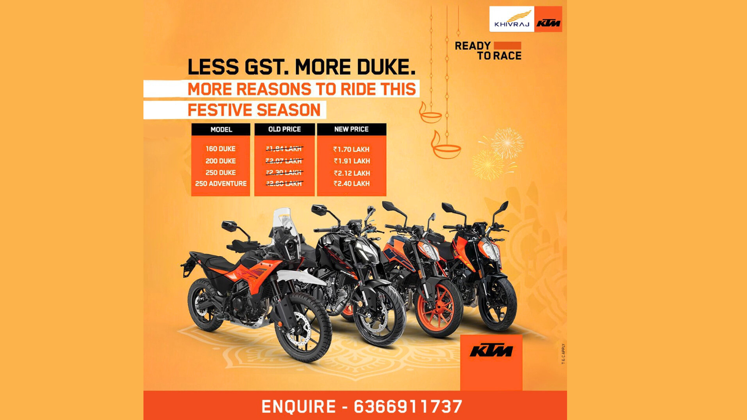 Biggest KTM Duke discount ever! Save ₹14K-₹50K on all models. 160 Duke ₹1.70L, 250 Adventure ₹2.40L. Limited stock. Book now: 6366911737